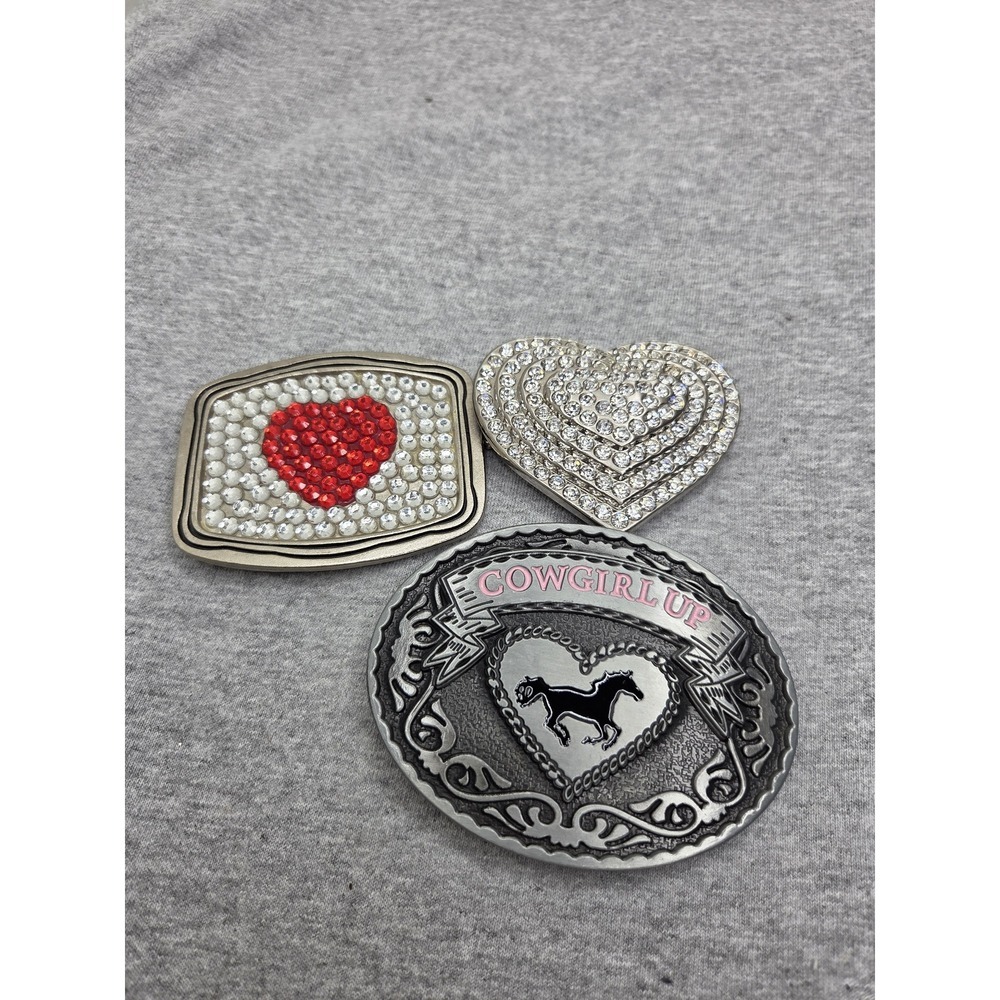 Lot of 3 Women's Vintage Heart Belt Buckles Red Rhinestone Horse Cameo Bling